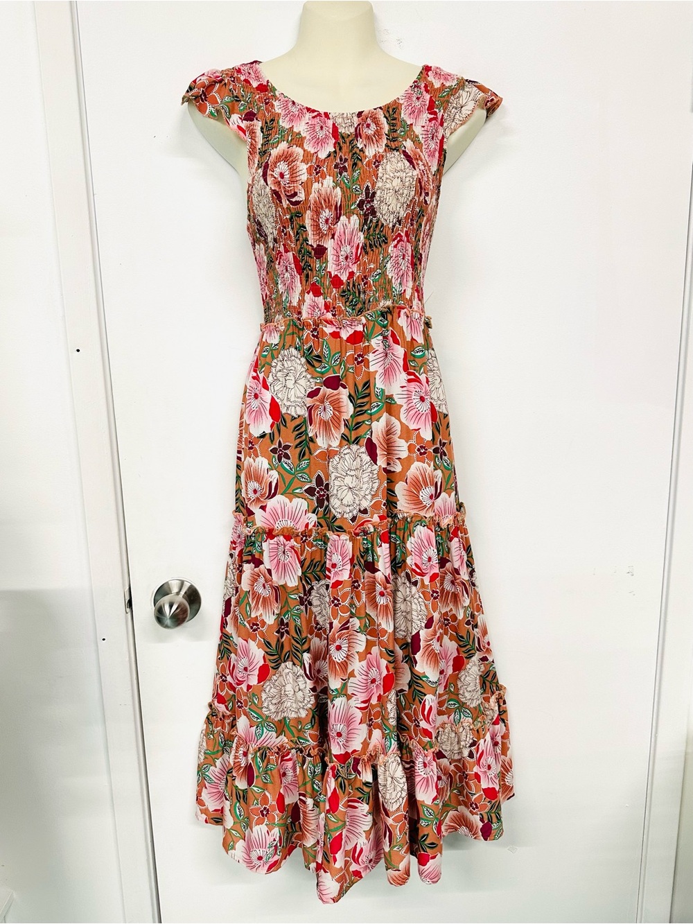 Abel The Label Floral Maxi Dress Smocked Tiered Boho Pink Tan Small Boho Resort
